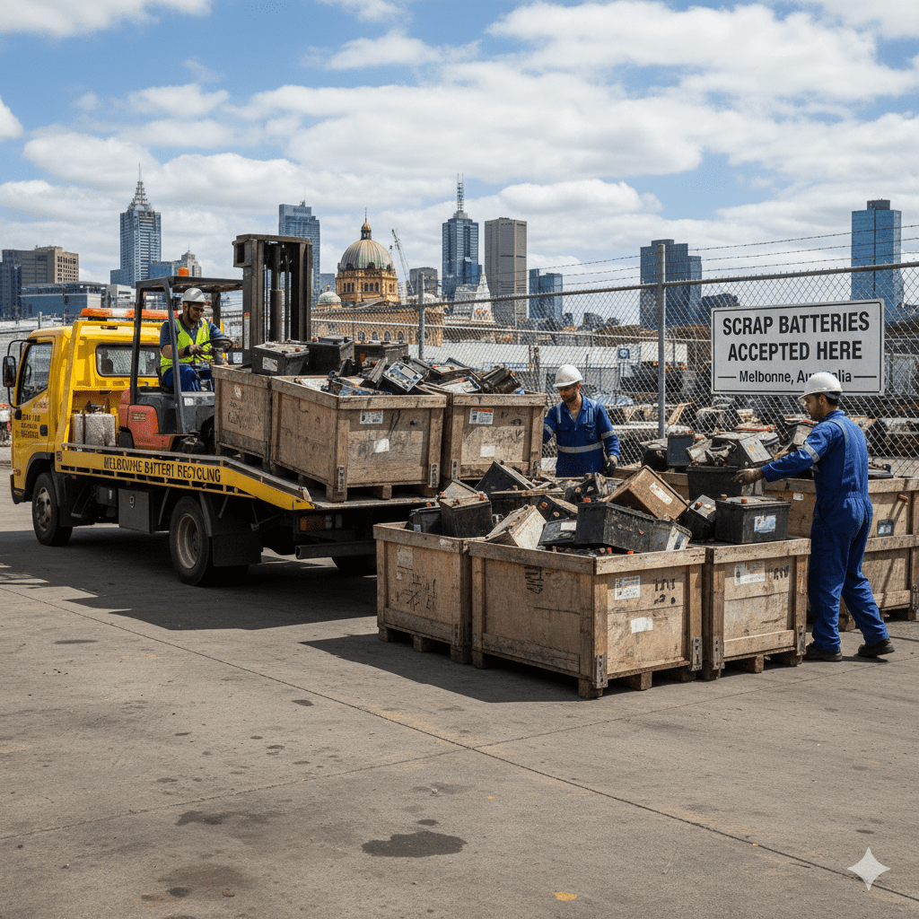 Workers handling scrap batteries in Melbourne.
